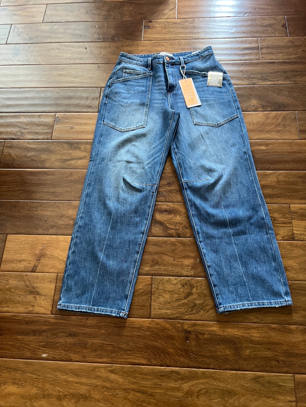High-Rise Barrel Straight Jeans in Medium Blue Denim